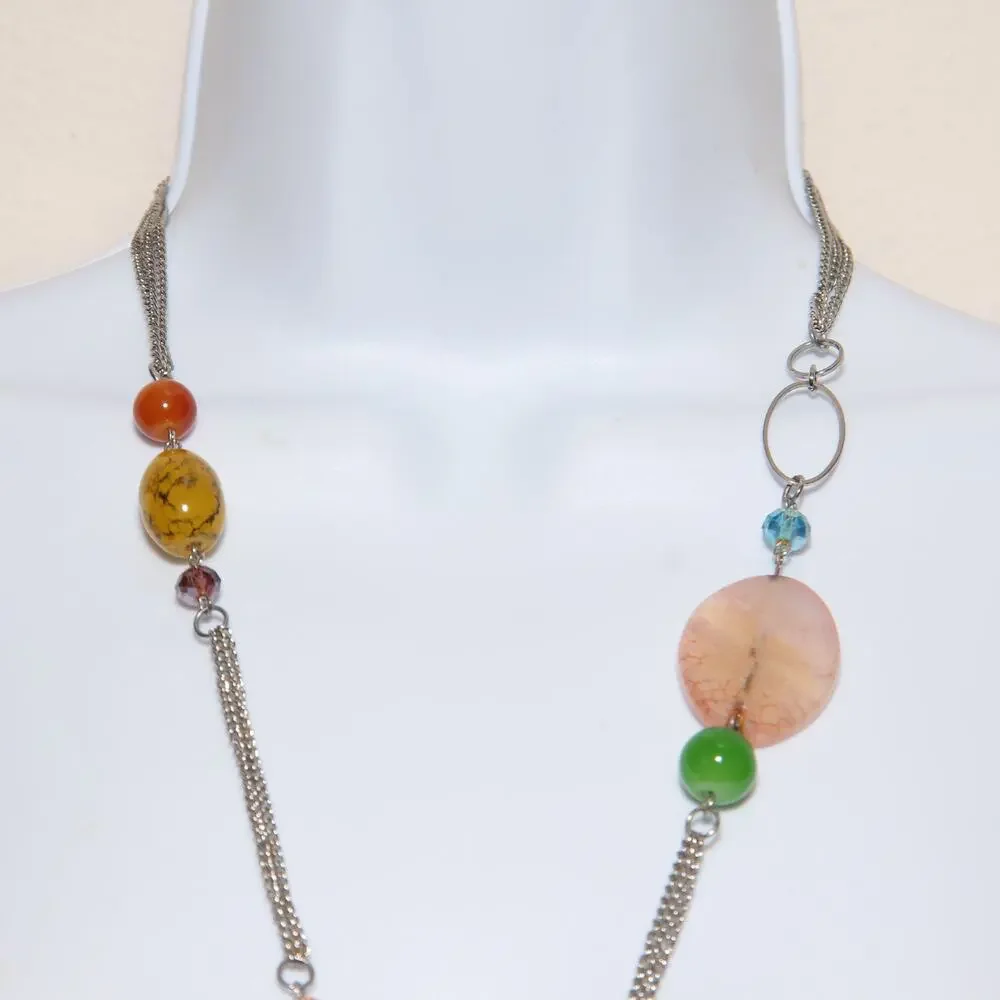Multicolor Long Silvertone Glass Bead and Stone Necklace
